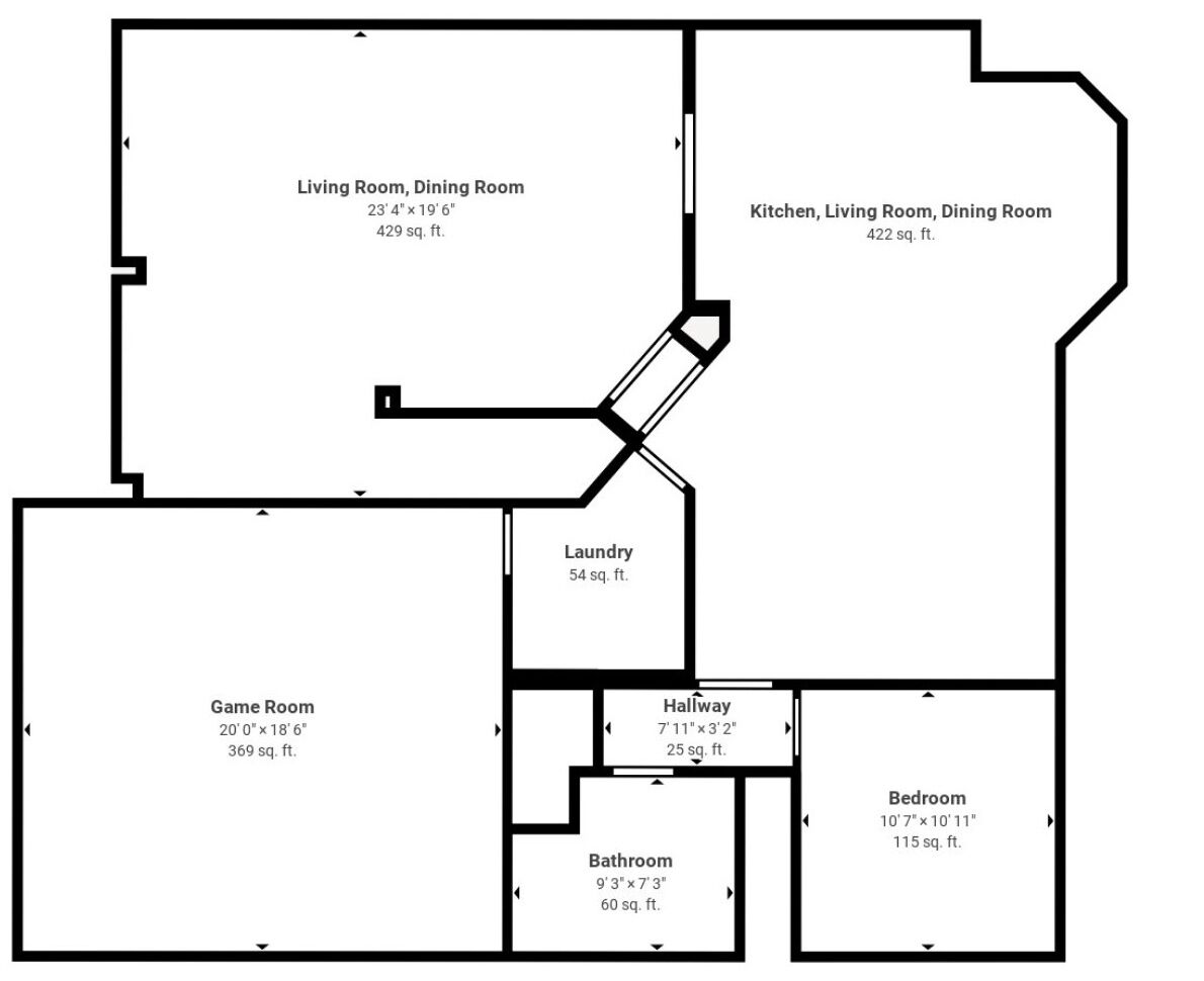 A floor plan with a living room, dining room, kitchen, game room, laundry, hallway, bathroom, and bedroom.