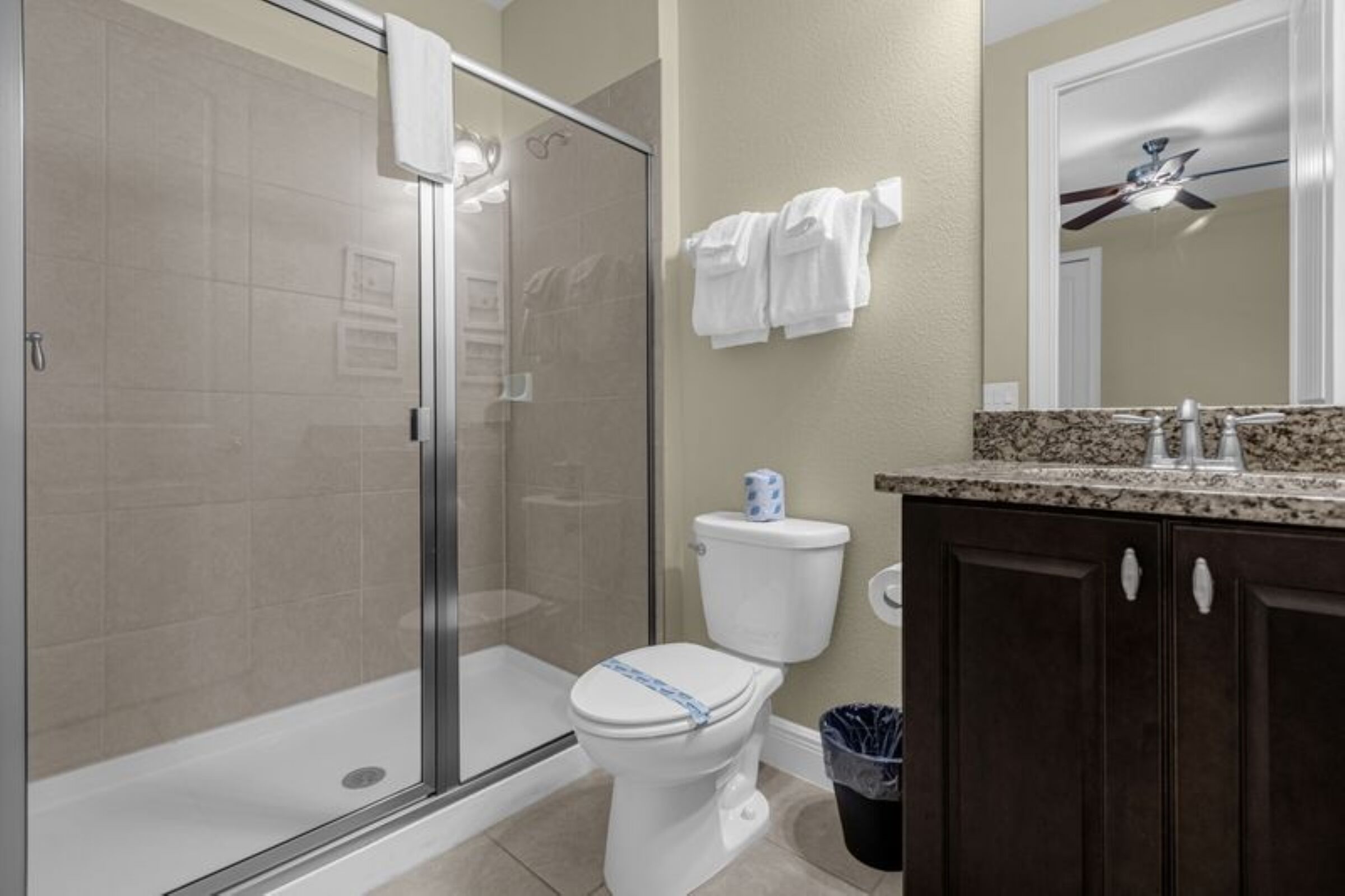 A bathroom with a glass shower enclosure, a toilet, a sink with a granite countertop, and a mirror above the sink.