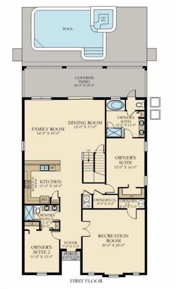 A first-floor floor plan of a house with a pool, covered patio, family room, dining room, kitchen, owner's suite, owner's bath, recreation room, owner's suite 2, and a foyer. - 1671mv Big Ticket Luxury 9beds Villa (Davenport)