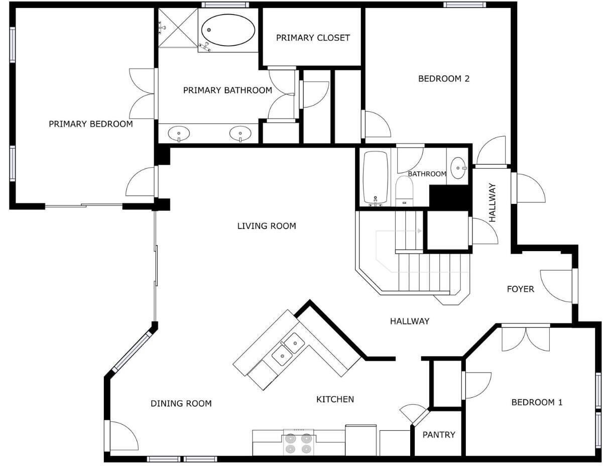 Un plan d’étage comprenant une chambre principale, une salle de bain principale, un salon, une salle à manger, une cuisine, un couloir, un hall d’entrée et deux chambres.
