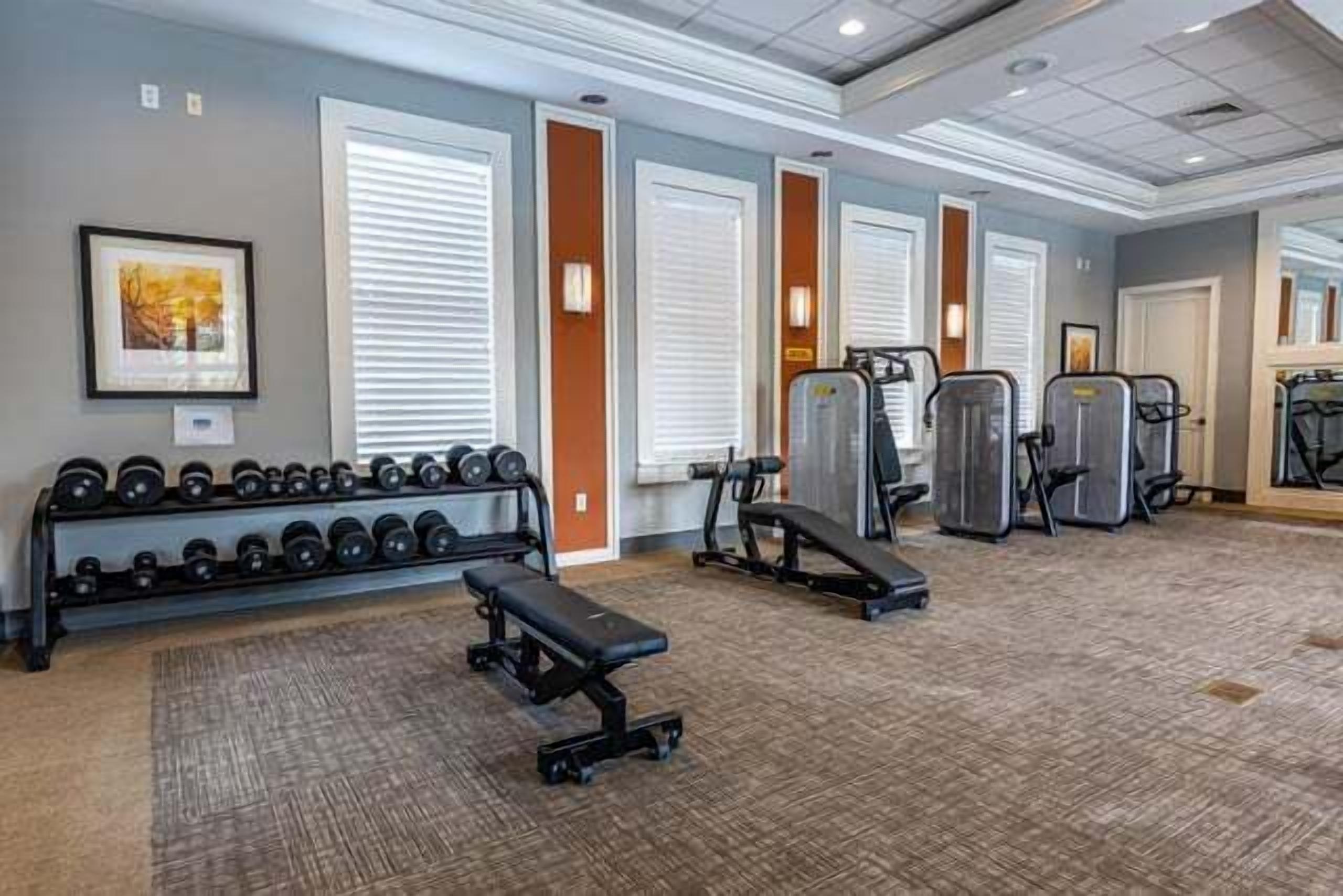 A gym with exercise equipment, a bench, and dumbbells.