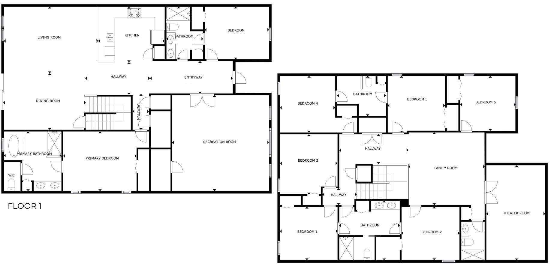 A floor plan of a hotel with multiple bedrooms, a kitchen, a dining room, a primary bathroom, a primary bedroom, a recreation room, and a theater room.