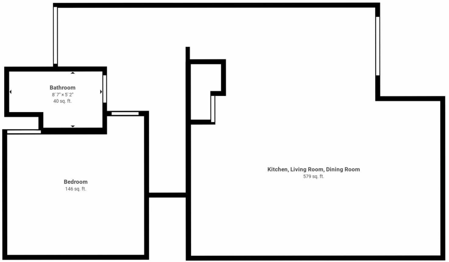 Een plattegrond met een badkamer (2,6 x 1,6 meter), een slaapkamer (43 vierkante meter) en een combinatie van keuken, woonkamer en eetruimte (173 vierkante meter).