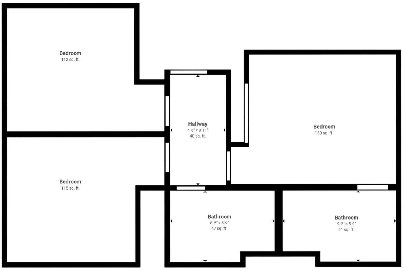A floor plan with three bedrooms (112, 115, 130 sq. ft.), a hallway (40 sq. ft.), and two bathrooms (47 and 51 sq. ft.).