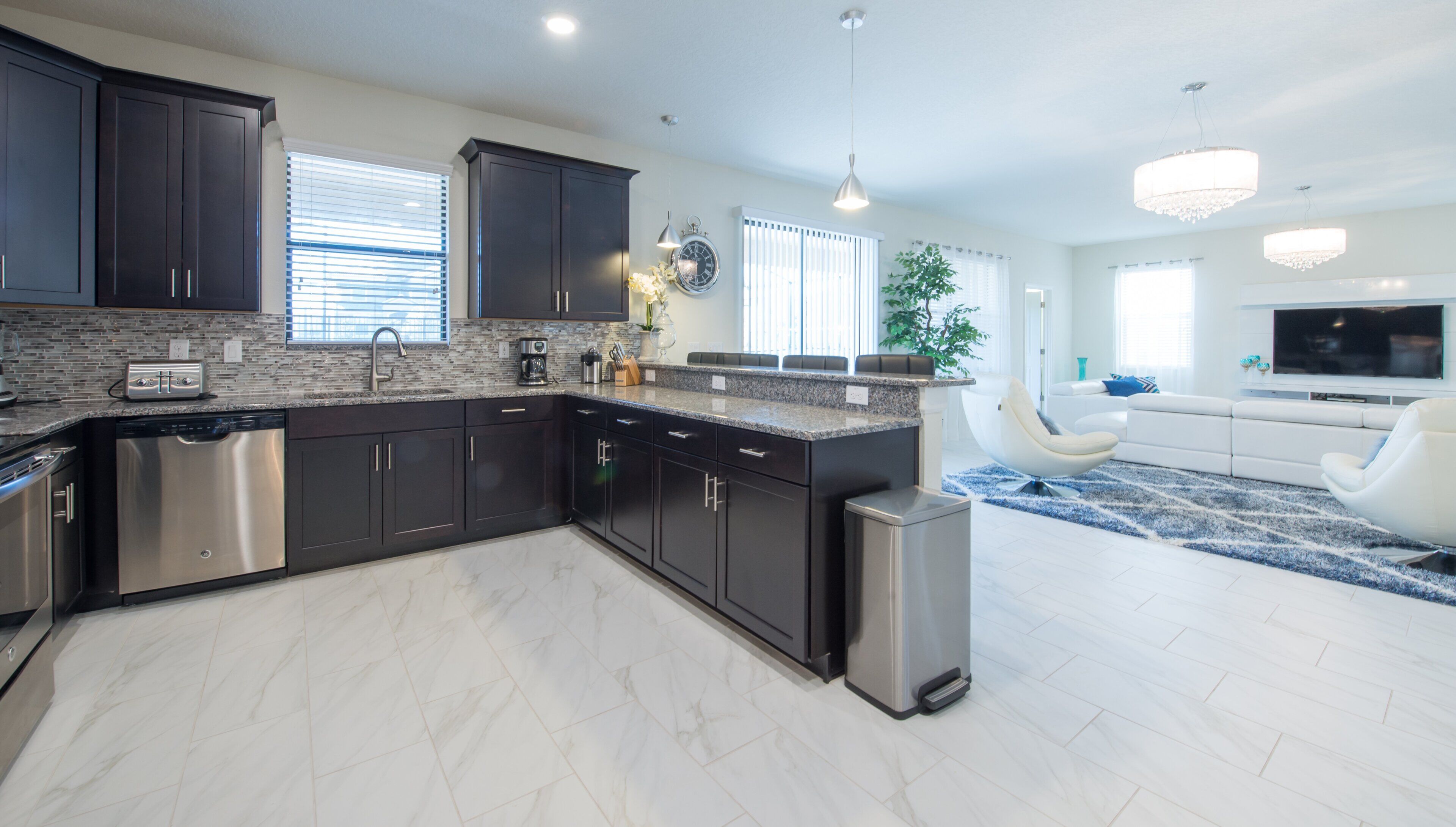 A modern kitchen with dark cabinets, a dishwasher, and a coffee maker.