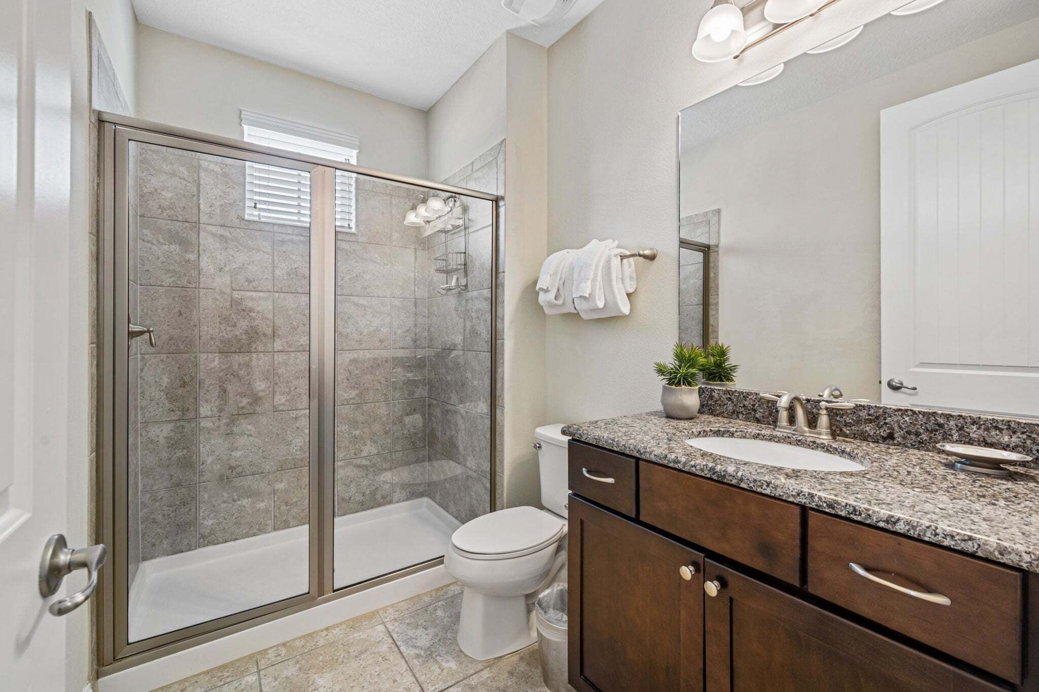 A bathroom with a glass-enclosed shower, a toilet, a sink with a granite countertop, and a mirror above the sink.