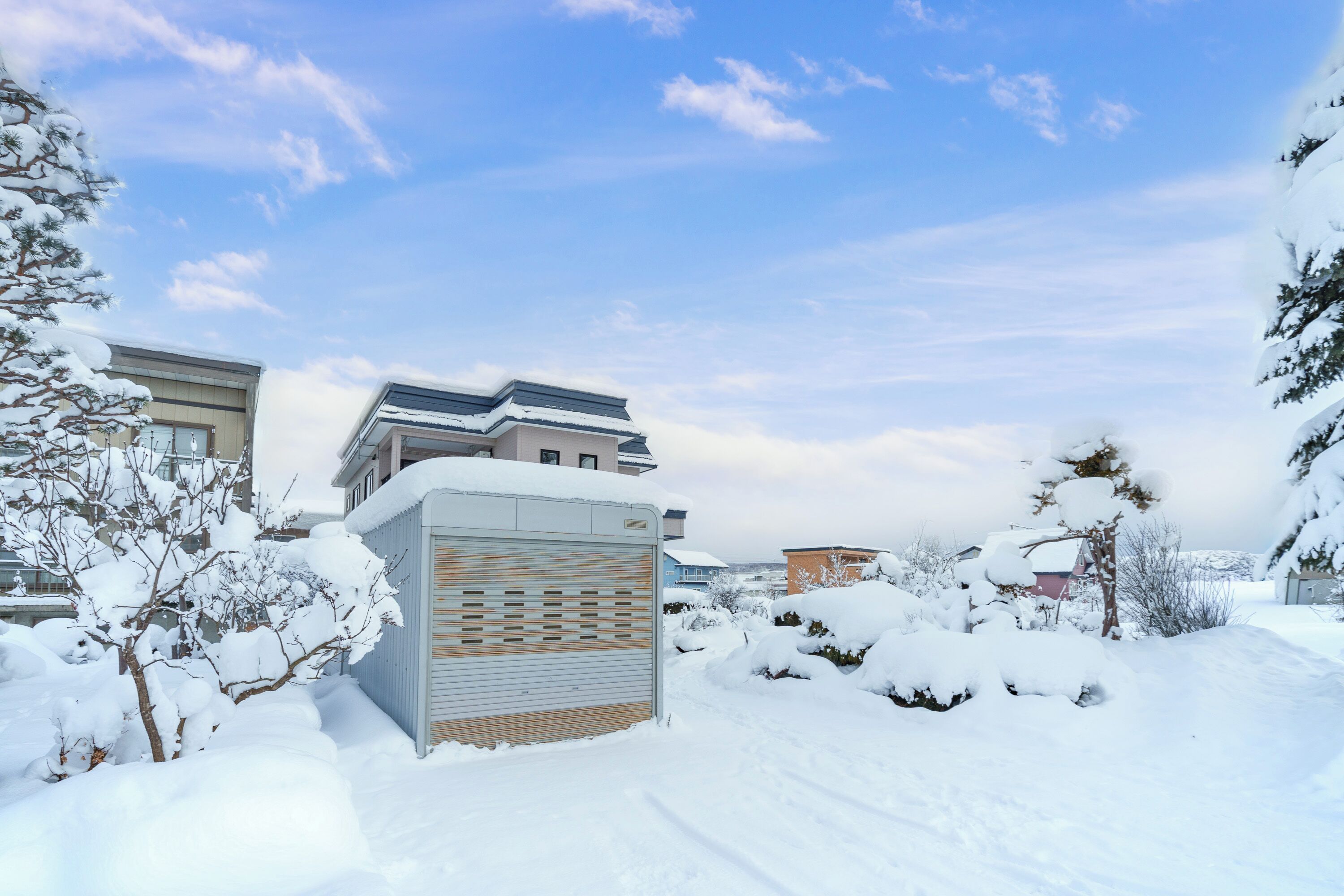 Un quartier résidentiel où les maisons et les arbres sont recouverts de neige.