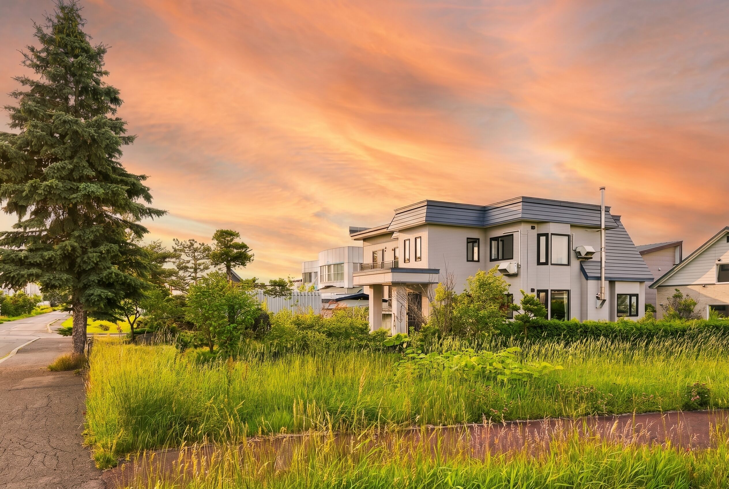 A modern two-story house with a flat roof, large windows, and a well-maintained lawn.