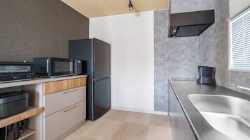 Apartment | Private kitchen | Fridge, microwave, stovetop, highchair