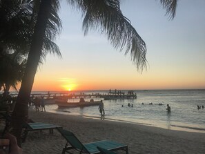 Eine Strandansicht mit Sonnenuntergang, Palmen und Menschen am Sand und im Wasser.