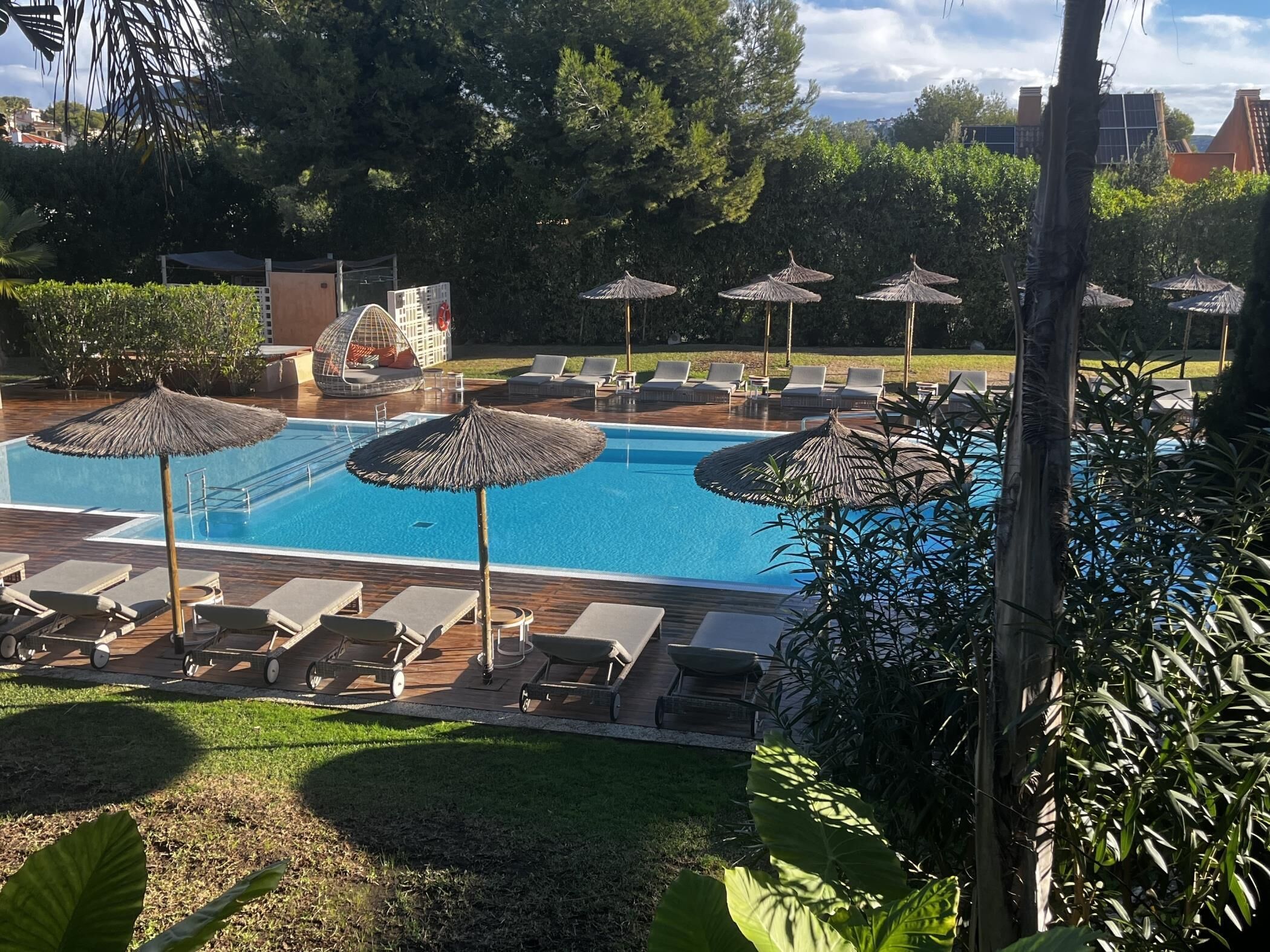 Un espace piscine agrémenté de chaises longues et de parasols, entouré de verdure et d’arbres.