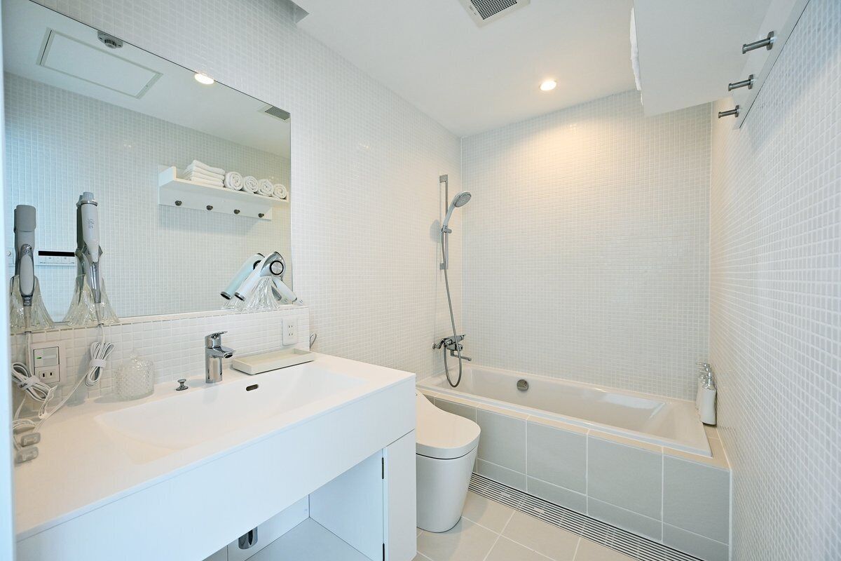 Hair dryer, towels, soap, toilet paper