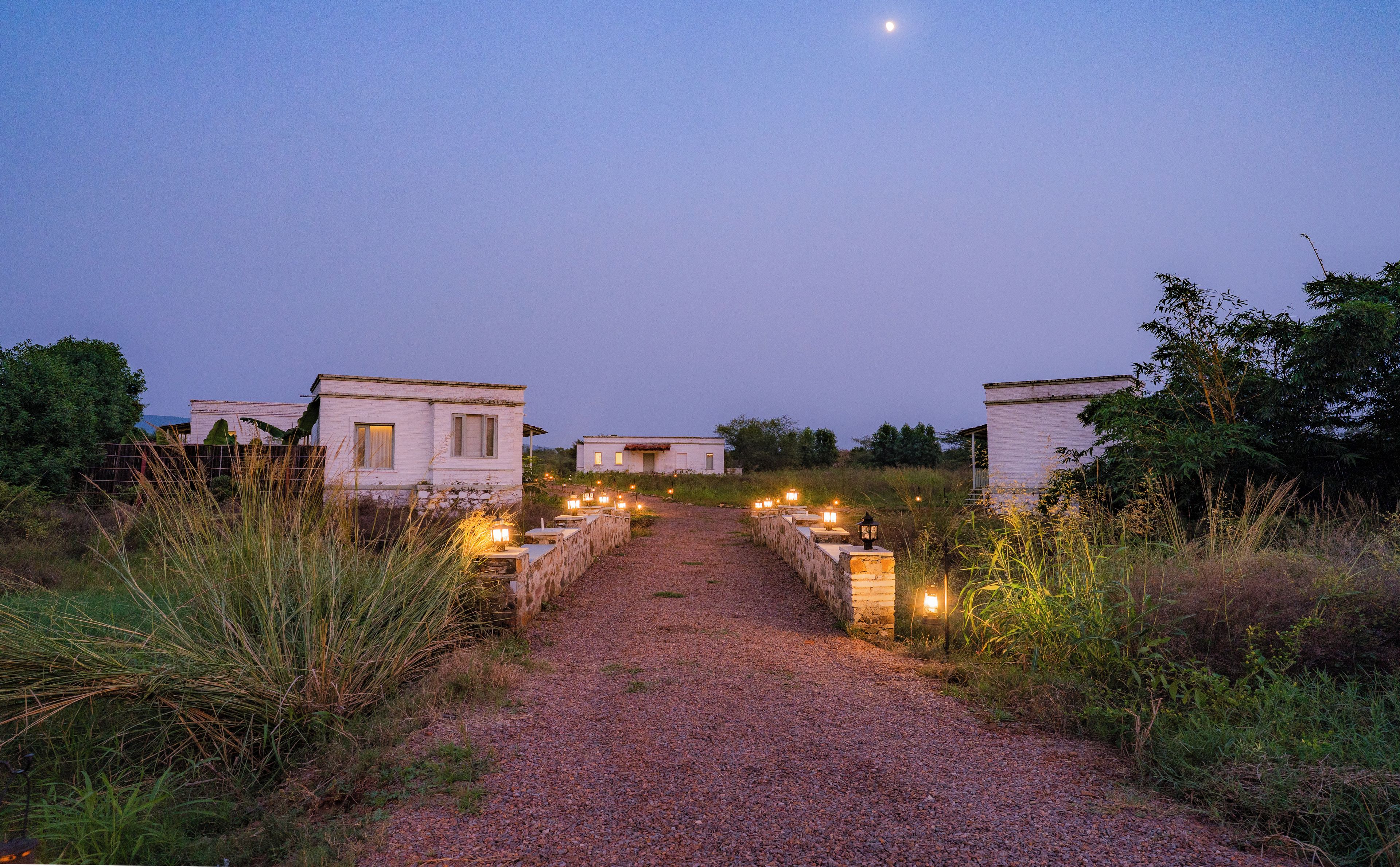 A gravel path leading to a row of white buildings with outdoor lighting.