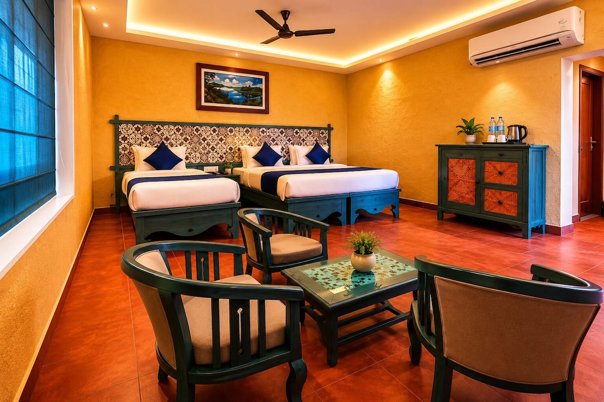 Habitación de hotel con dos camas, ventilador de techo, aire acondicionado, un mueble con artículos de aseo y una ventana con cortinas.