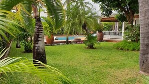 Un jardin bien entretenu, doté d’une piscine, de palmiers et d’un kiosque.
