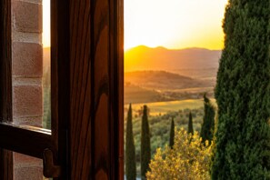Vista a través de una ventana con marco de madera, pared de ladrillo y paisaje con árboles y colinas.