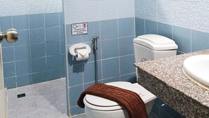 Une salle de bain carrelée de bleu et de blanc, avec des toilettes blanches, une douche et un lavabo doté d’un plan de travail en granit.
