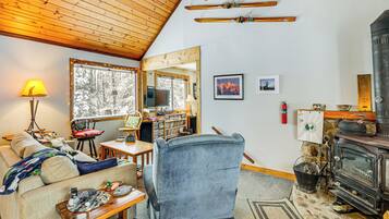 TV, fireplace, DVD player, books