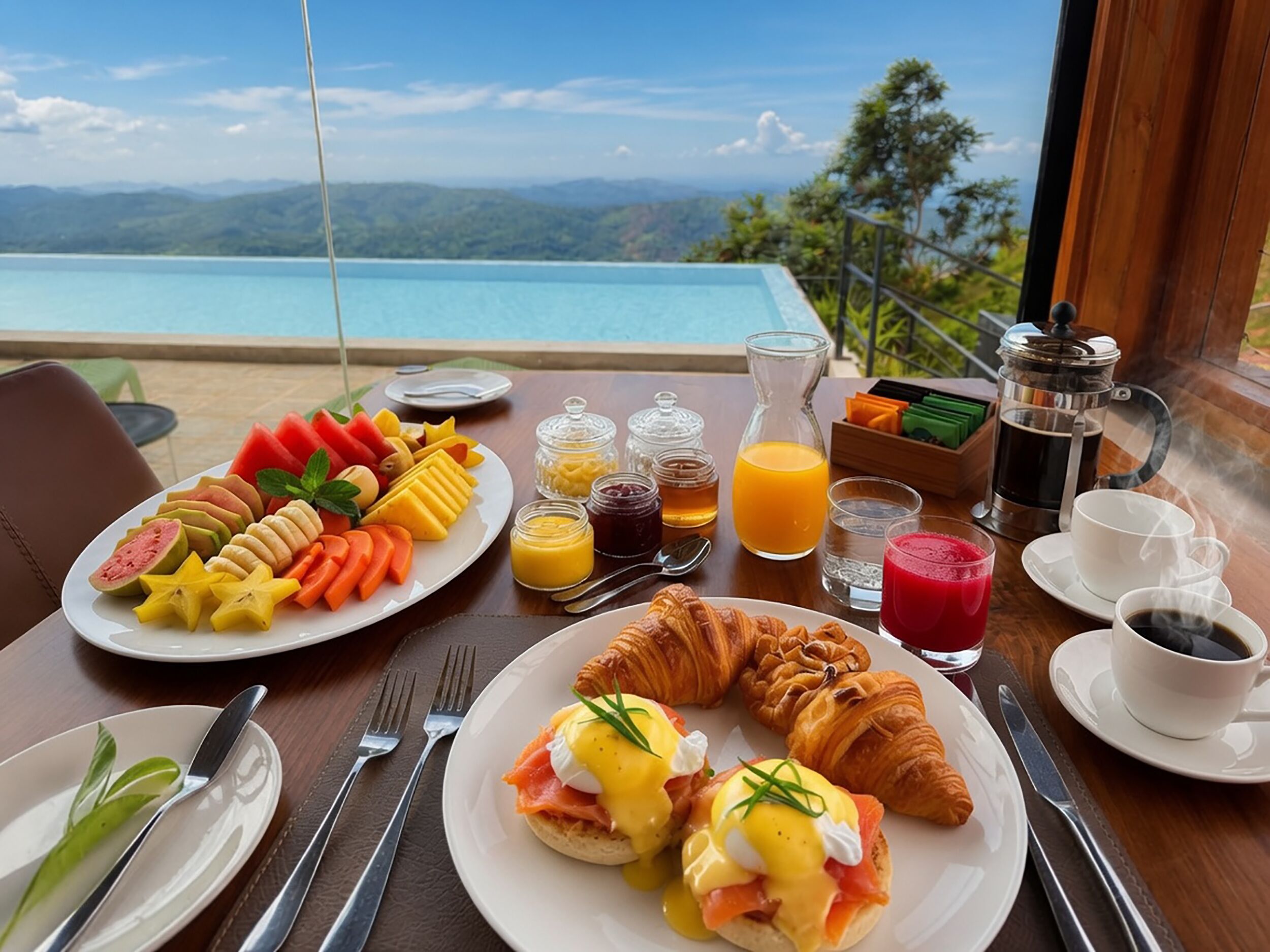 A breakfast table with croissants, eggs benedict, and fruit, overlooking a scenic view.