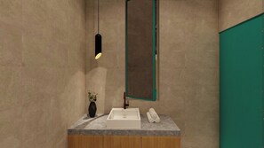 Buồng tắm vòi sen, máy sấy tóc, dép đi trong nhà, khăn tắm 