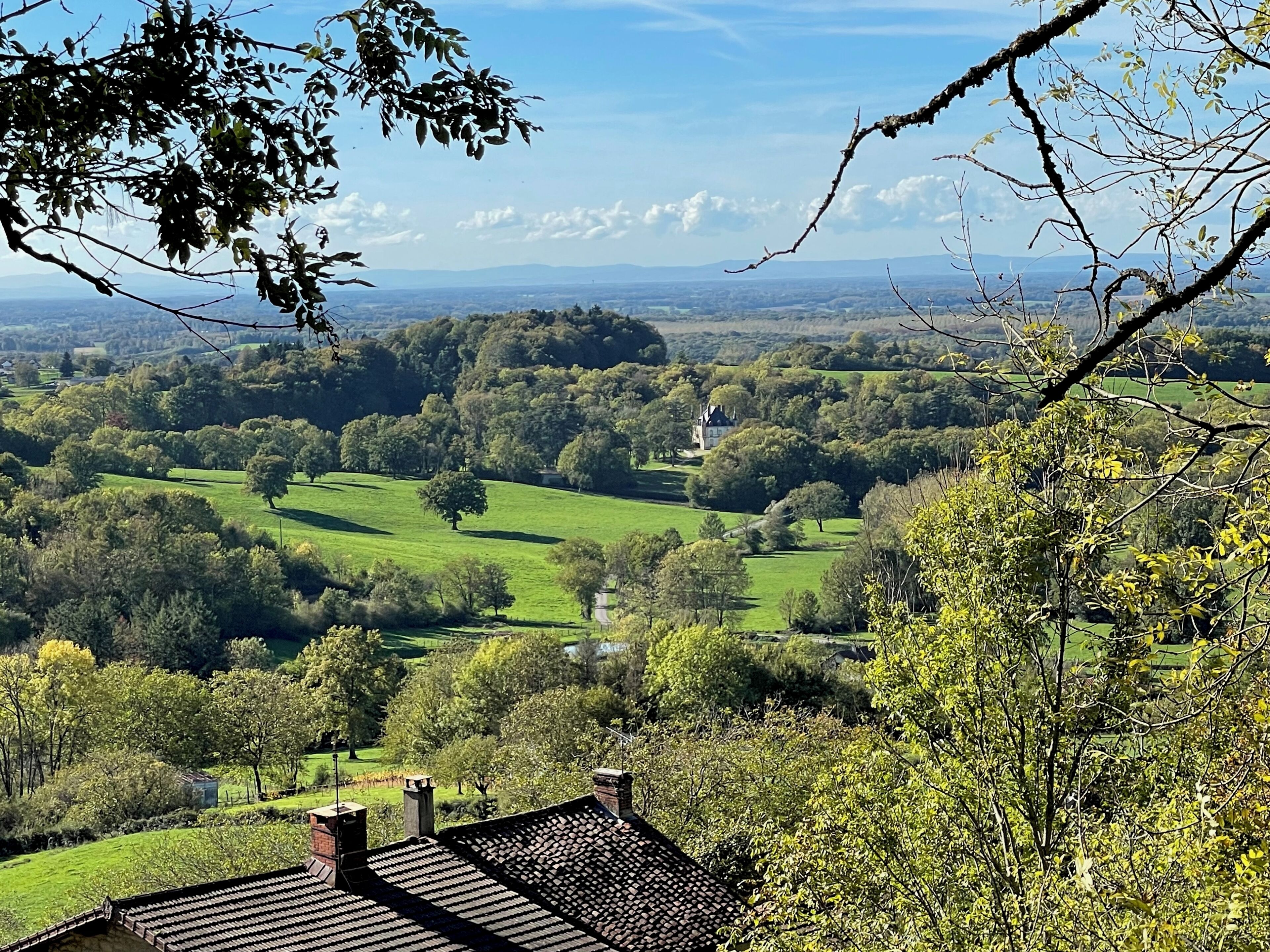 A rural landscape with rolling green fields, a distant house, and a tree-lined foreground.
