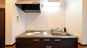 Kühlschrank, Mikrowelle, Herdplatte, Kochgeschirr/Geschirr/Besteck