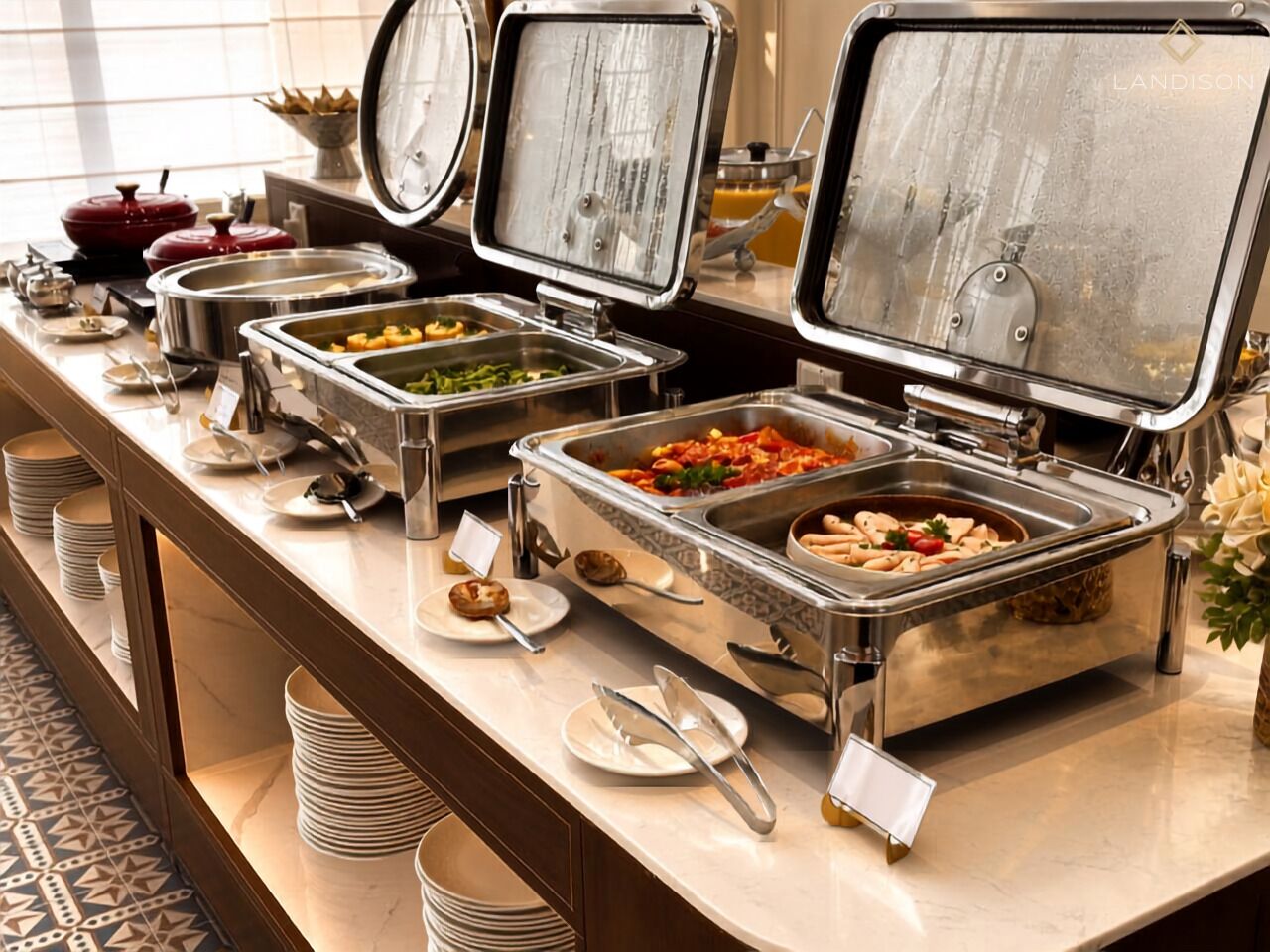 A buffet setup with multiple food stations, including pasta, salads, and other dishes, with serving utensils and plates.