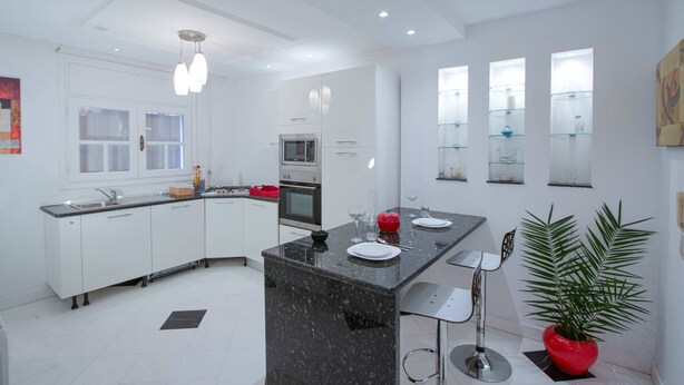 A modern kitchen with white cabinets, a granite island, and a red plant. - L'onde du Lac - Chic Apartment With Private Suite Prés Aéroprt et Cliniques (Tunis)