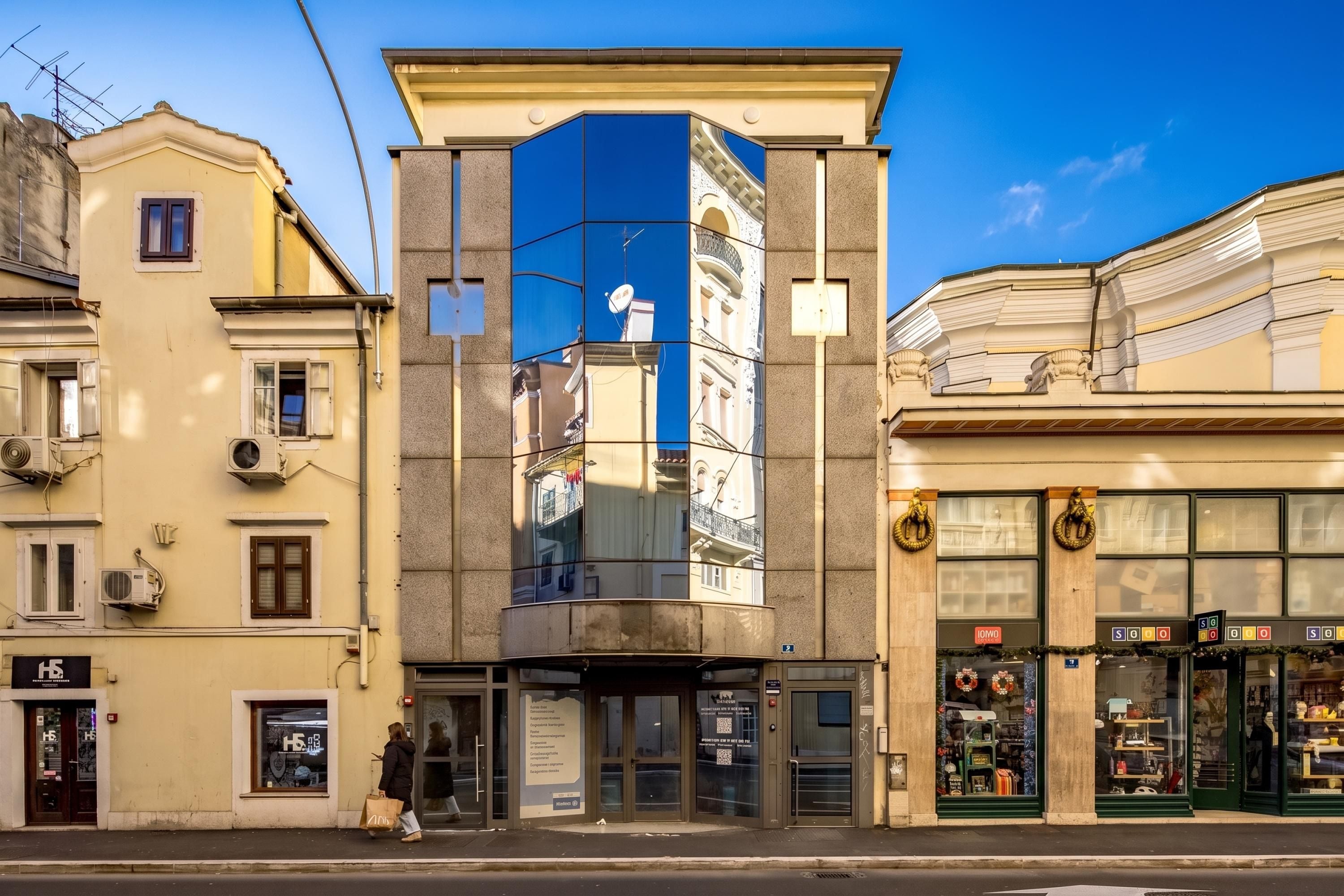A building with a modern facade, large windows, and a visible entrance.