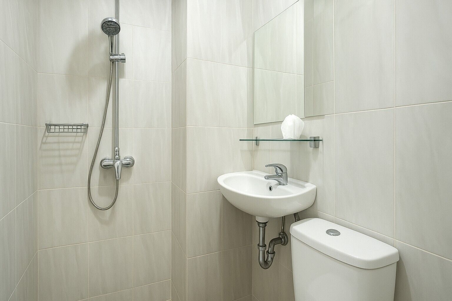 A bathroom with a shower, sink, and toilet.
