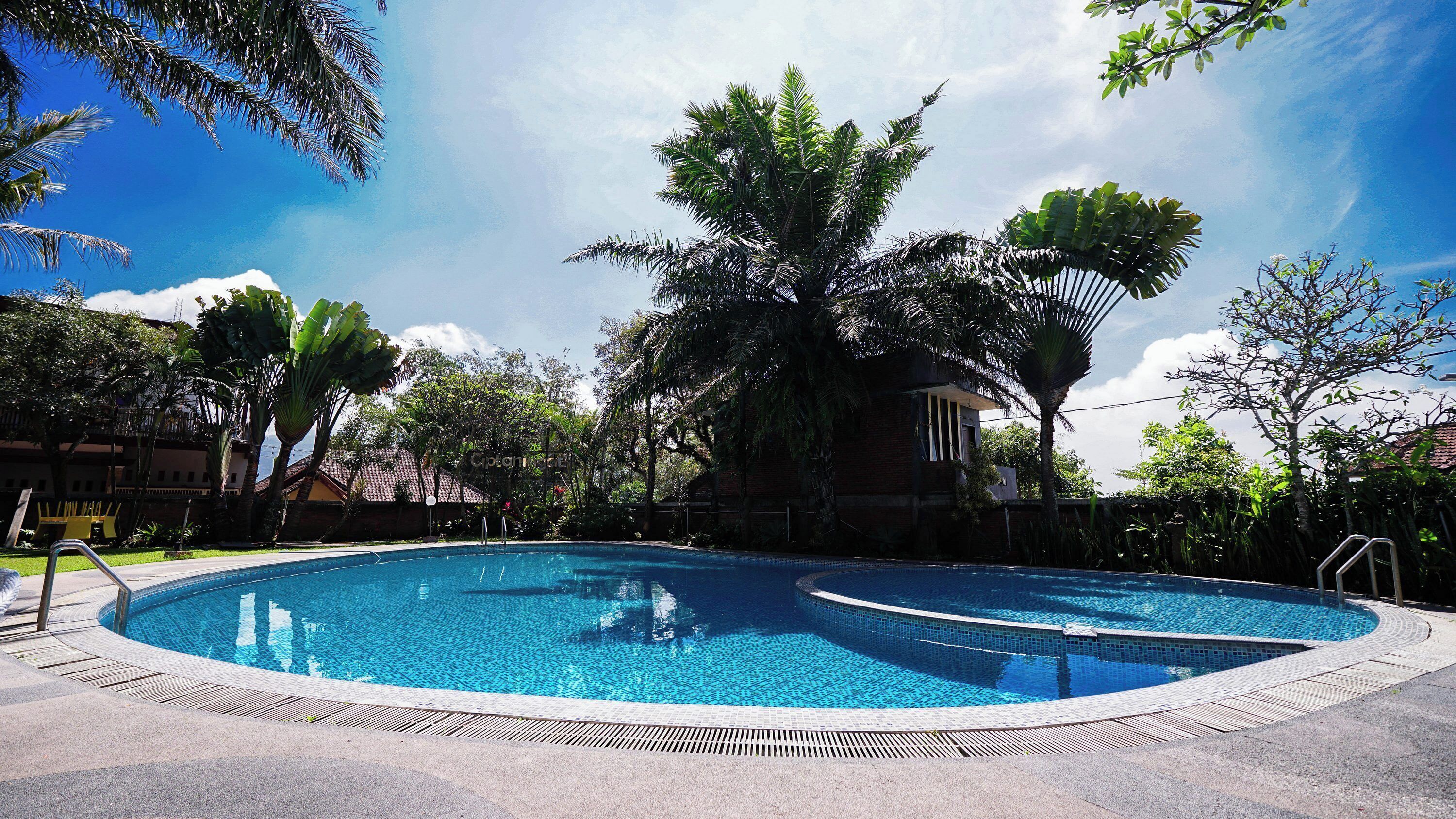 A circular swimming pool with a tiled edge, surrounded by a paved deck.
