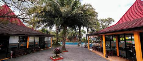 A courtyard with a large palm tree, outdoor seating, and a pool.