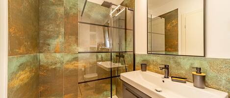 Shower, hair dryer, towels