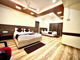 Una habitación de hotel moderna con una cama grande, un sofá más pequeño, un ventilador de techo y un calefactor integrado.