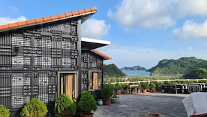 A rooftop terrace with potted plants, a view of a mountainous landscape, and a building with a tiled roof. - Cat Ba Mountain View Homestay (Hai Phong)
