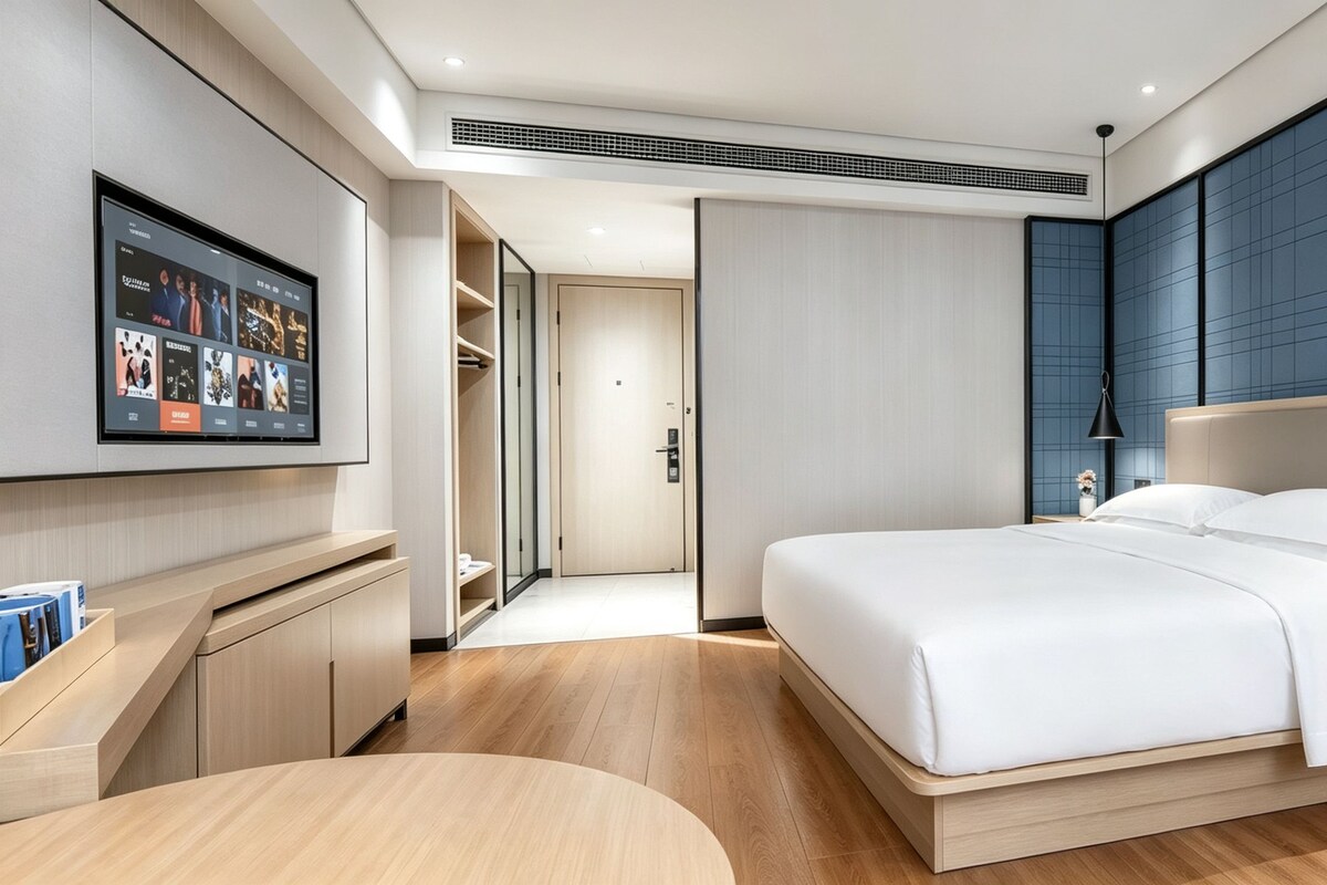 Et moderne hotelværelse med seng, sengebord, lampe og et fjernsyn ophængt på væggen.