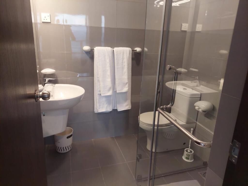 A modern bathroom with a glass shower enclosure, a white sink, and a toilet.
