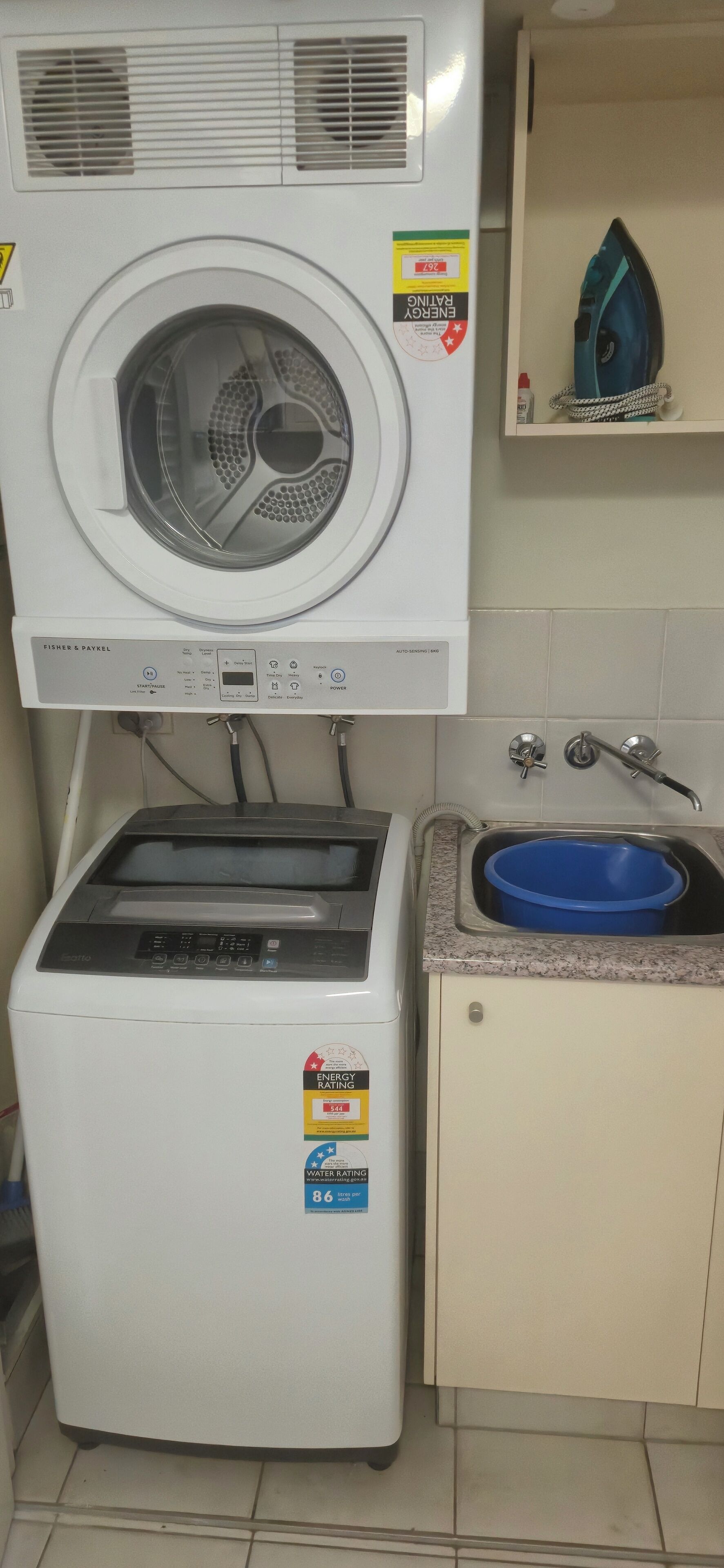 Een compacte wasmachine en droger combinatie, met energie- en waterbesparingsindicaties, een blauwe wasbak in een gootsteen, en een plank met een blauw strijkijzer.