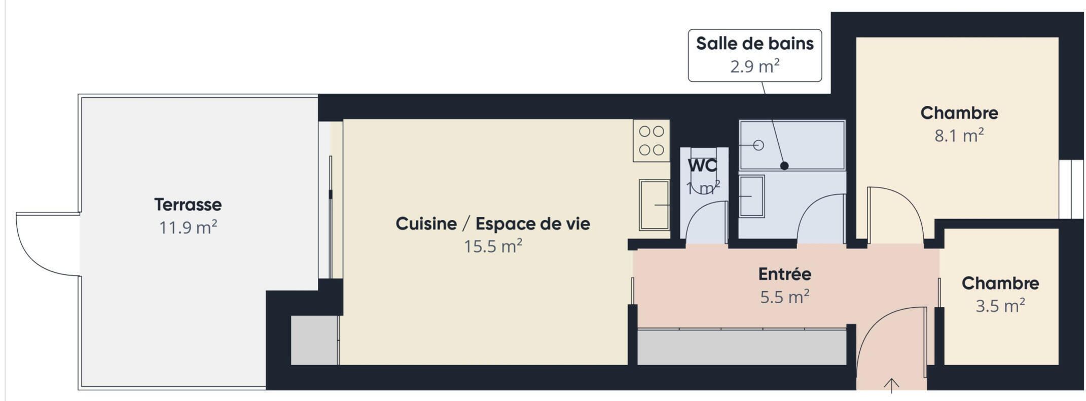 A floor plan with a terrace (11.9 m²), a kitchen/living area (15.5 m²), a bathroom (2.9 m²), an entrance (5.5 m²), and two bedrooms (8.1 m² and 3.5 m²).