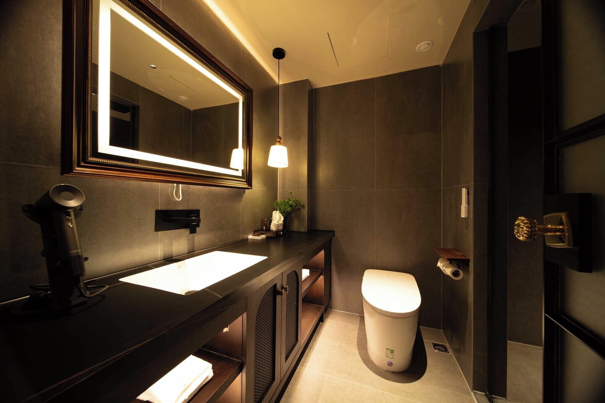 A modern bathroom with a dark-toned vanity, a large mirror with integrated lighting, a toilet, and a small plant on the counter.