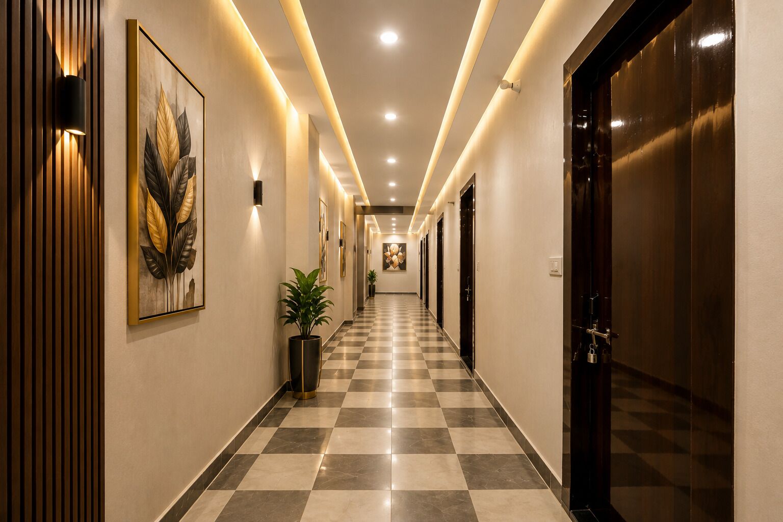 A hotel hallway with checkered flooring, wall-mounted artwork, and doors leading to rooms.