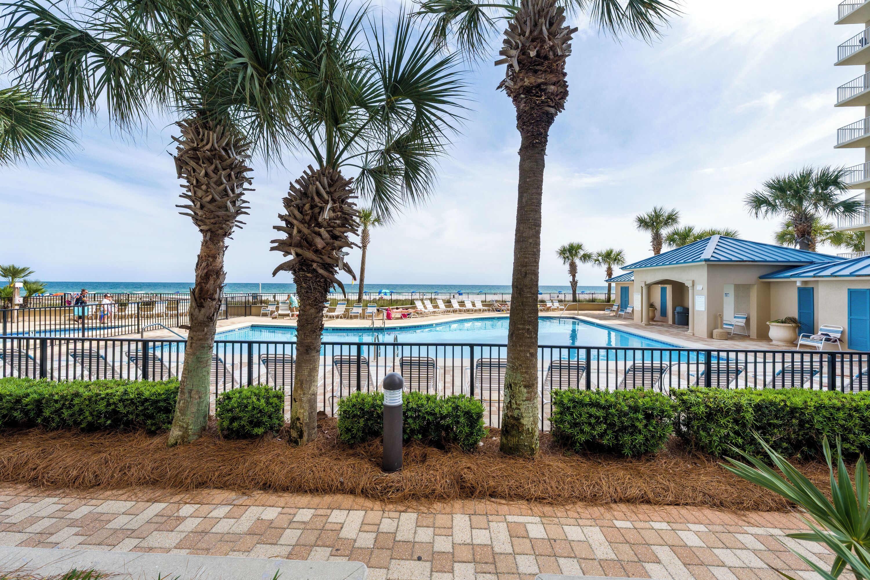 A pool area with palm trees, a blue-roofed building, and a clear view of the ocean.