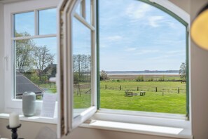 A room with a large window overlooking a grassy field and trees. - Contemporary comfort under thatch - your maisonette on the Bodden (Born a. Darß)