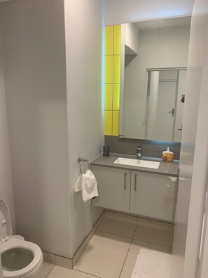 Een douche, een haardroger, handdoeken, toiletpapier