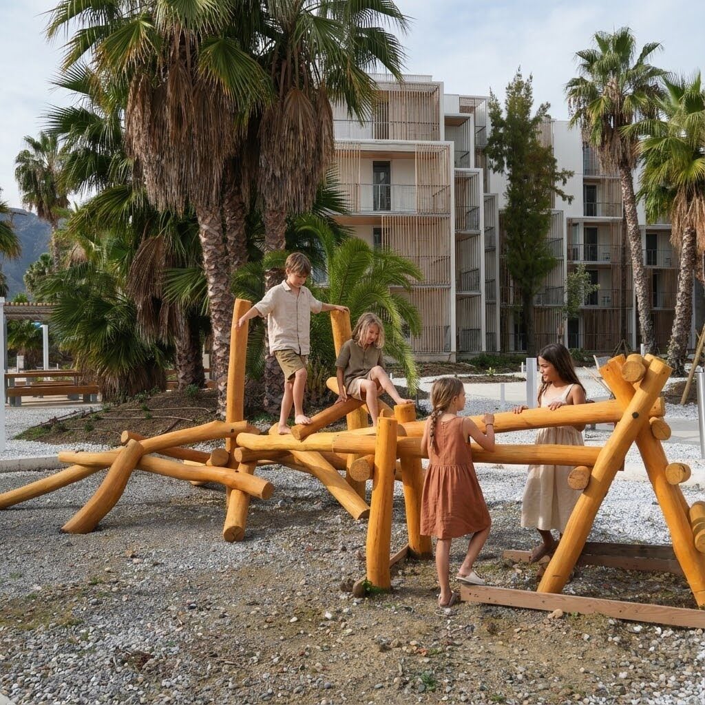 Children playing on a wooden play structure in an outdoor area with palm trees and a modern building in the background.