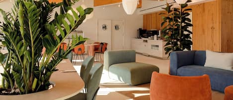 A modern interior with a kitchen, seating area, and potted plants.