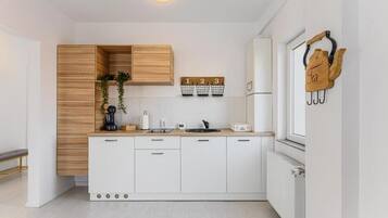 Fridge, microwave, stovetop, electric kettle