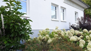 Un edificio blanco con múltiples ventanas y un jardín con diversas plantas y flores.