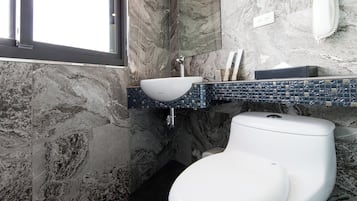 Regadera, regadera tipo lluvia, secadora de cabello, toallas