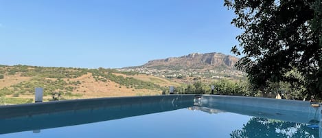 An infinity pool with a clear view of a mountainous landscape and a castle-like structure in the distance.